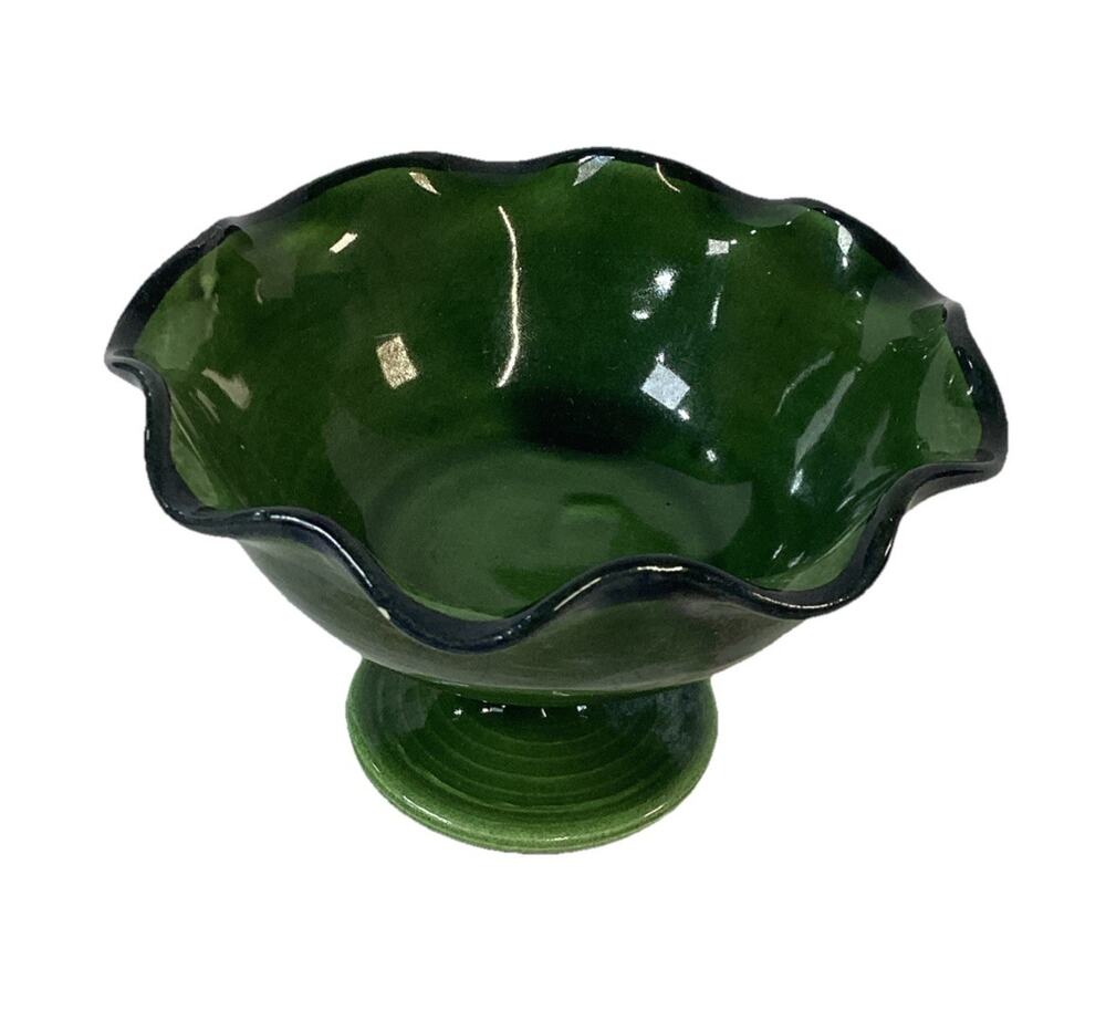 Vintage Hand Painted Dark Green Compote Candy Dish